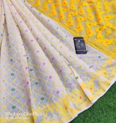 Krishneshwari Self Design, Woven Jamdani Pure Cotton Saree(Yellow, White)