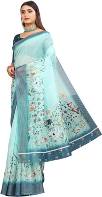 G GAJAL INTERNATIONAL Printed Kanjivaram Pure Cotton, Chanderi Saree(Light Blue)