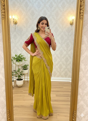 SumukhFashion Embroidered Bollywood Chiffon Saree(Yellow, Red)