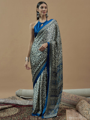 Sareemall Printed Hand Batik Crepe Saree(Blue)