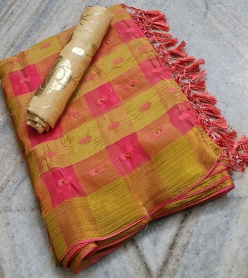 MINE CHOICE Self Design, Checkered Banarasi Jacquard, Chiffon Saree(Pink, Cream)