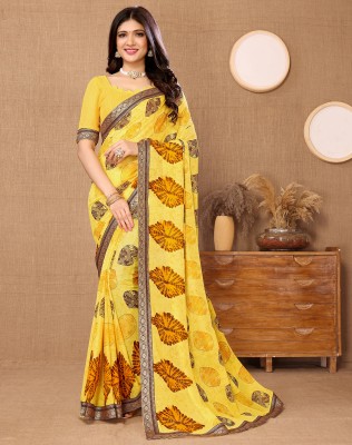 YASHIKA Printed Bollywood Georgette, Lace Saree(Yellow)