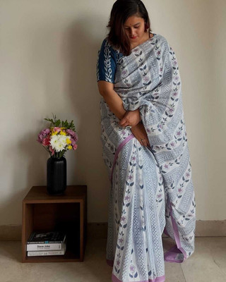 Siya Creation Printed, Floral Print Daily Wear Linen Saree(Multicolor, Blue)