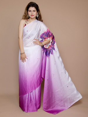 ANOUK Printed Saree with Attached Blouse Satin Saree(White)