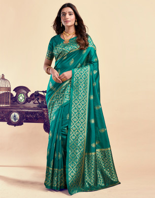 Samah Woven, Embellished Banarasi Silk Blend, Jacquard Saree(Green)