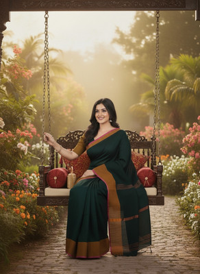 Trndysares Woven Handloom Handloom Cotton Silk, Viscose Rayon Saree(Dark Green)