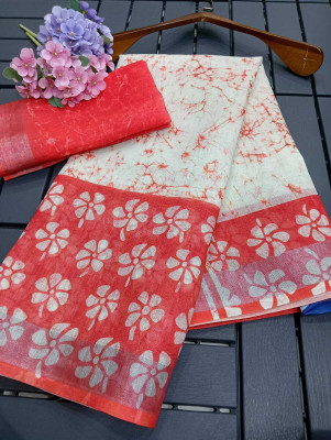 ASHTA Floral Print Kanjivaram Linen Saree(White, Red)