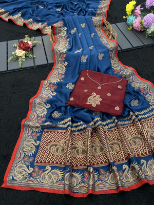 CHAMUNDA CREATION Embroidered Bollywood Pure Silk Saree(Dark Blue)