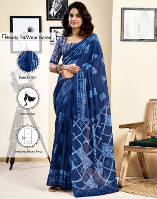 Tasrika Floral Print, Geometric Print, Printed Daily Wear Pure Cotton Saree(Dark Blue, Light Blue)