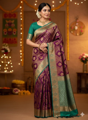 LOKAVANYA Printed Banarasi Cotton Silk Saree(Purple)