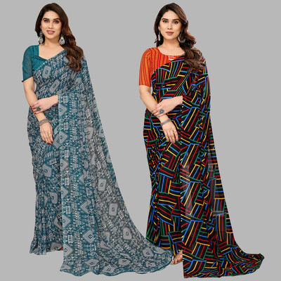 kashvi sarees Self Design, Printed Daily Wear Georgette Saree(Pack of 2, Green, Multicolor)