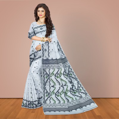 Mayabi Woven Jamdani Cotton Silk Saree(White, Black)