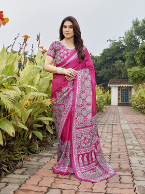 THE URBAN DIVA Printed Bollywood Chiffon, Satin Saree(Pink, White)