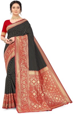 PEACOCK FASHION Woven, Self Design Banarasi Cotton Blend Saree(Black, Red)