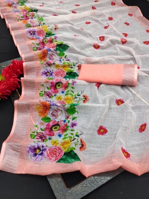 KHANUDI Digital Print Kanjivaram Cotton Linen Saree(Multicolor)