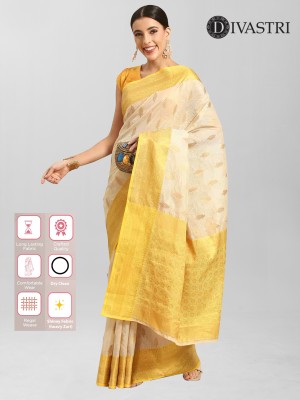 Divastri Floral Print Banarasi Tussar Silk Saree(Yellow)