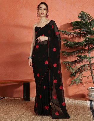 Sangria Solid/Plain, Embroidered Bollywood Georgette Saree(Black)