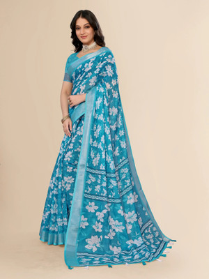 SANJEVAY Digital Print Daily Wear Cotton Linen Saree(Multicolor)