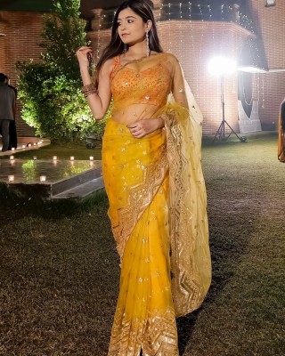 Fashion Club Collection Embroidered Bollywood Net Saree(Yellow)