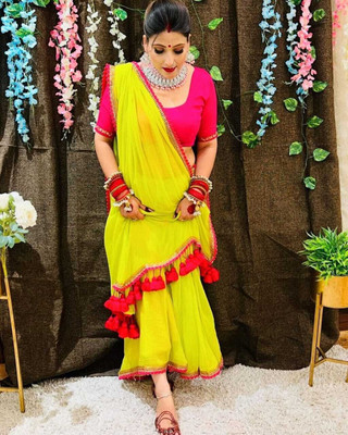 Ramya Floral Print Lucknow Chikankari Georgette Saree(Yellow)