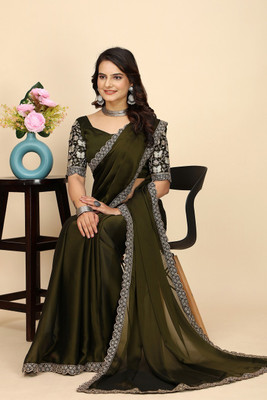 SAADHYA CREATION Embroidered, Solid/Plain Bollywood Chiffon Saree(Light Green)
