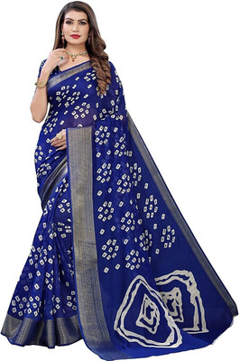 estrella fashion Printed Bandhani Cotton Silk Saree(Dark Blue)