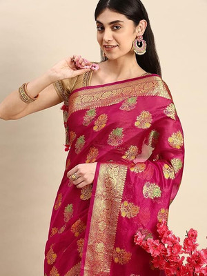 Sari Satva Self Design Bollywood Organza Saree(Pink, Gold)
