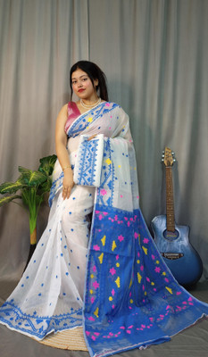 Pasum's Embroidered, Self Design Jamdani Pure Cotton Saree(White, Magenta)
