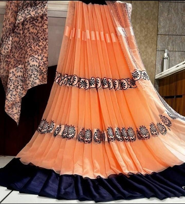 MM VENTURE Printed, Floral Print Daily Wear Georgette, Satin Saree(Orange)