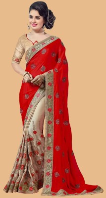 Divastri Embroidered Bollywood Silk Blend Saree(Red, Beige)