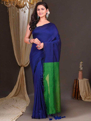 LushLooms Solid/Plain Handloom Cotton Blend Saree(Light Green, Blue)