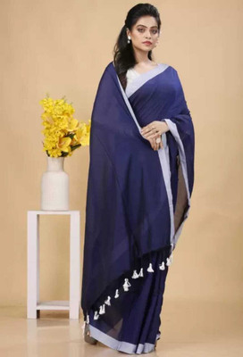 SMRITI HANDLOOM Solid/Plain Handloom Handloom Pure Cotton Saree(Blue, White)