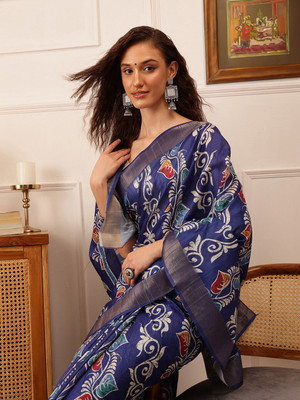 SILK ZONE Digital Print Banarasi Silk Blend Saree(Blue)