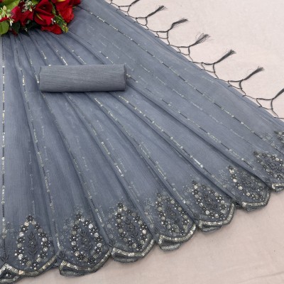 OZONE DESIGNS Embroidered Bollywood Organza Saree(Grey)