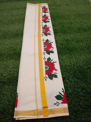 Kuthampully Printed Daily Wear Pure Cotton Saree(White)