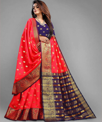 URJAZONE Woven, Printed Banarasi Pure Silk, Cotton Silk Saree(Red, Blue)