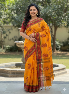 SHREECOLLECTION Printed Daily Wear Pure Cotton Saree(Red, Yellow)