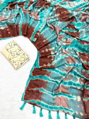 hitesh pahuja Tie-Dye, Embroidered, Floral Print Bollywood Silk Blend Saree(Light Blue, Brown)
