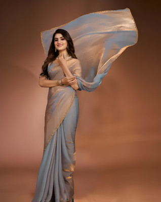 APEKSHAFASHION Solid/Plain Bollywood Jimmy choo Saree(Grey)