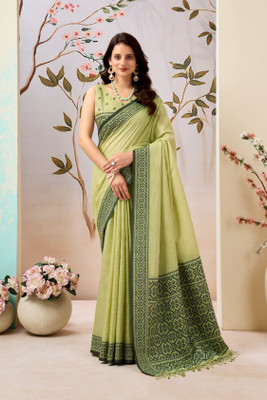 SWARAALI Hand Painted, Woven Daily Wear Cotton Linen Saree(Green)