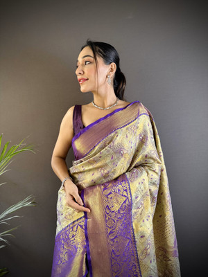 SHARDHA FASHION Woven, Embroidered, Embellished Banarasi Pure Silk Saree(Black, Yellow, Purple, Multicolor)
