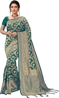 P D Creation Self Design Daily Wear Jacquard, Silk Blend Saree(Light Blue)