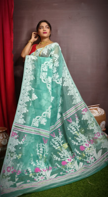 M STORE Printed Jamdani Cotton Silk Saree(Blue)