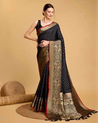 GajGajra Printed Kanjivaram Pure Silk Saree(Black)