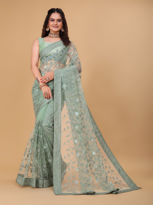 bal krishna Embroidered Leheria Net Saree(Light Green)