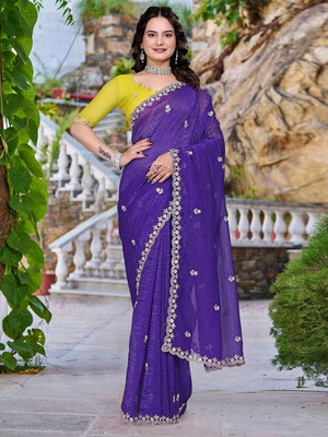 Manan Creation Embroidered, Embellished Chanderi Chanderi Saree(Purple)