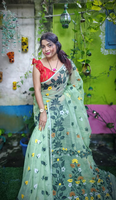 CommonHouseee Woven Jamdani Cotton Silk Saree(Light Green)