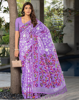 Satrani Woven, Self Design, Embellished Handloom Cotton Blend Saree(Purple, White)