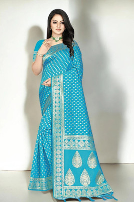 Pikham Self Design Banarasi Art Silk Saree(Light Blue)