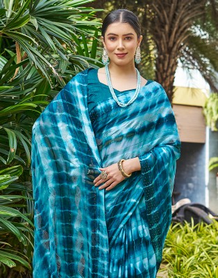 Samah Woven, Striped, Self Design Bollywood Chiffon Saree(Blue)